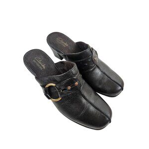 Clarks Bendables Womens Shoes Leather Slip-On Mule Clogs Buckle Size 7M Black